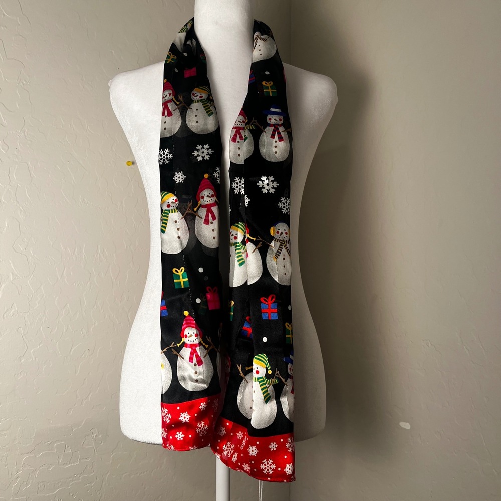 Womens Black Holiday Snowman Scarf Christmas Snowflake Gift Print Silky Oblong